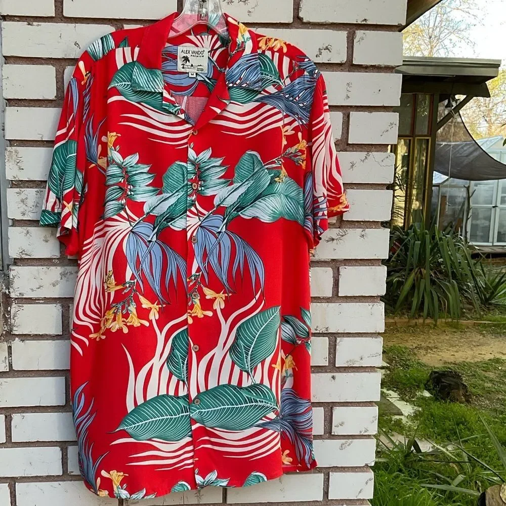 Alex Vando Premium Aloha Beach Hawaiian Button Down Shirt Orange Leaf Medium